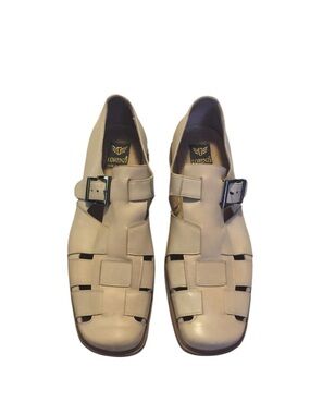 Lorenzi Italy Woven Cream Color Leather Mens Italian Buckle Sandal Shoes